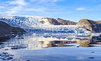 Brueckner Glacier. Landscape in the Johan Petersen Fjord, a branch of the Sermilik (Sermiligaaq) Icefjord in the Ammassalik region of East Greenland. ...