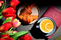 Spring Background with Tulips, Cappuccino Coffee Cup On Bible.