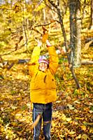 Happy adorable child girl laughing and playing yellow fallen leaves in autumn outdoors, Happy moment.