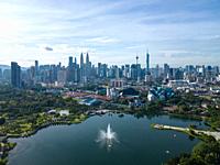 Aerial view natural Titiwangsa Lake with background of KL skyscraper.