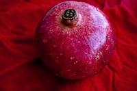 Pomegranate (Punica granatum) against red background. Macro. Still life.