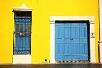 View of the colonial buildings with colorful doors and windows at the historic center, Campeche, Campeche State, Mexico, Central America.