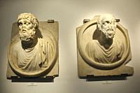 Late Roman Marble Shield Portraits of Pythagoras, Samian Philosopher, mathematician and mystic and Sokrates, Athenian Philosopher in Aphrodisias Ancie...