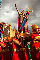 Representative Inca king greets the people at Inti Raymi Festival in Saqsaywaman Archaeological Site, Cusco, Peru, South America.