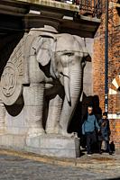 Copenhagen, Denmark Landmark elephant statues in a passageway in the Carlsberg Byen district.