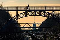 Copenhagen, Denmark The Carlsberg viaduct, a steel pedestrian bridge from 1899, and train tracks at sunset.