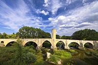 stone bridge over Ebro river in Frias, Burgos province, Castilla Leon, Spain.