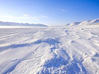 View over frozen Billefjorden. Winter landscape on the island Spitsbergen in the Svalbard archipelago. Arctic, Europe, Scandinavia, Norway, Svalbard.