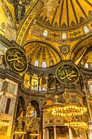 Hagia Sophia Mosque Illuminated Basilica Istanbul Turkey. Emperor Justinian build cathedral of Constantinople in 537 AD, which later became a mosque i...
