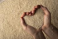 Human hands in shape of heart holding handful of rice on rice background.