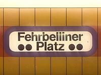 Beuatiful 1970s station sign at the subway station Fehrbelliner Platz in Berlin, Germany.