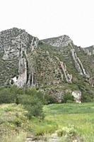 Fold with vertical strata in Montsec Mountain range. Camarasa, Lleida, Catalonia, Spain.