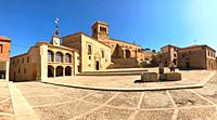 Plaza Mayor, panoramic view. Moron de Almazan, Soria province, Castilla Leon, Spain.