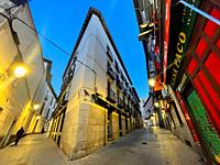 Pasa street and Gomez de Mora street, night view. Madrid, Spain.