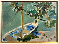 Boat tied to a post among branches, 1918, Joaquín Sorolla (1863-1923). This image by Joaquín Sorolla perfectly captures the relaxed atmosphere of a su...