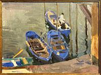 Traineras de Pasajes, 1904, Joaquín Sorolla (1863-1923) First, the pier. On green waters, three blue boats, the furthest one with a figure dressed in ...