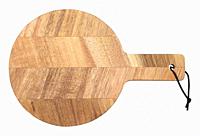 Round wooden kitchen cutting board with handle on white isolated background, top view.