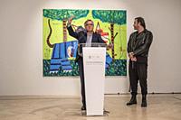 ARTISTIC DIRECTOR OF THE MUSEUM GUILLERMO SOLANA WITH JORDY KERWICK 1982 THE EMERGING AUSTRALIAN NEW PAINTING ARTIST WITH HIS PAINTING ""UNTITLED"" 20...