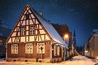 Parnu, Estonia. Night View Of Kuninga Street With Old Buildings, Houses, Restaurants, Cafe, Hotels And Shops In Evening Night Illuminations. Amazing B...