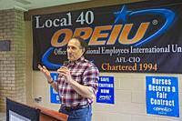 Rochester, Michigan USA - 29 April 2023 - Former Congressman Andy Levin speaks in support of nurses and radiology techs rallying for better wages and ...