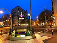 Metro Goya station, night view. Madrid, Spain.