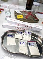 Police scientist examines seizures of adulterated fentanyl in crime lab, Conceptual Image.