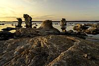 Rauk formations on Fårö at sunset with nice evening light, patterns in the stone, Fårö, Gotland, Sweden.