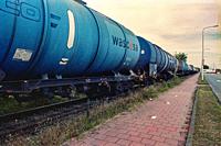 Loaded Chemical Freight Train parked on a track at Zuiderkruisweg, bordering Loven Industrial Estate on one side and a bike path plus local road on th...