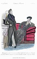 Frock coat with velvet collar and lapels - Cashmere waistcoat - Velvet tie. Velvet dressing gown lined with satin - Velvet cap. From Journal des Dames...
