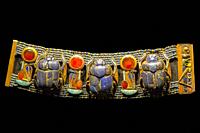 Egypt, Cairo, Tutankhamon jewellery, from his tomb in Luxor, bracelet with 3 scarabs in lapis-lazuli and the cartouches of the king.