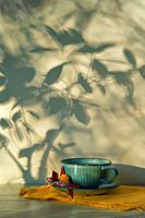 Abstract Autumn shadow branches and cup of tea.