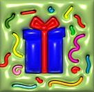 Blue box with ribbon and multi-colored serpentine on a green background, a gift for the holiday. 3D rendering illustration.