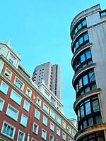 Torre de Valencia and houses. Antonio Acuña street, Madrid, Spain.