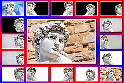 Welcome to Florence. Collage with images of David sculpture by Michelangelo, Piazza Signoria, Florence, Tuscany, Italy-stock-photo