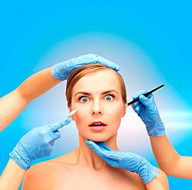 healthcare, beauty and medicine concept - beautiful woman face and beautician hands with pencil and scalpel-stock-photo