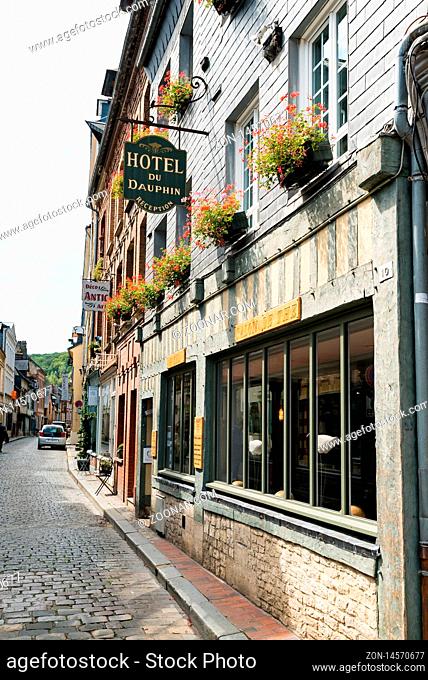 Honfleur, Calvados / France - 15 August 2019: the historic Dauphin Hotel in the old town of Honfleur