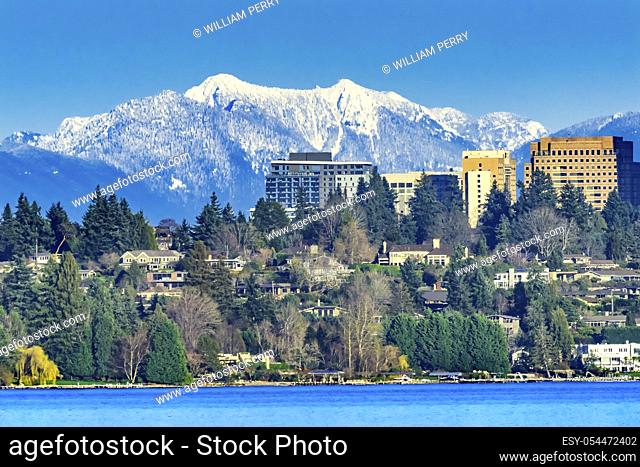 High Rise Buildings Houses Residential Neighborhoods Lake Washington Snow Capped Cascade Mountains Bellevue Washington