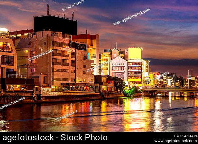 Fukuoka old town along naka river at Nakasukawabata sunset twilight. This area is favorite for tourist for Fukuoka Yatai, street Food stall