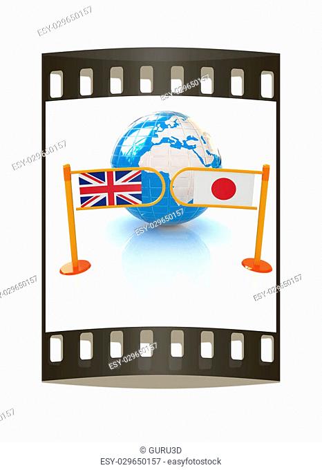 Three-dimensional image of the turnstile and flags of UK and Japan on a white background. The film strip