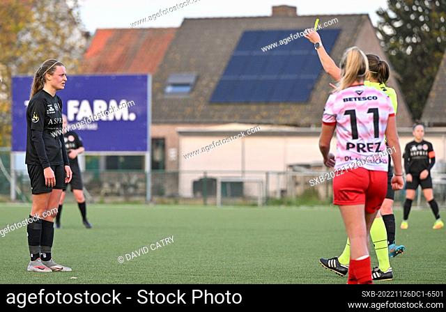 Lisa Despret (6) of Woluwe pictured receiving a yellow card during a female soccer game between SV Zulte - Waregem and WS Woluwe on the 12th matchday of the...