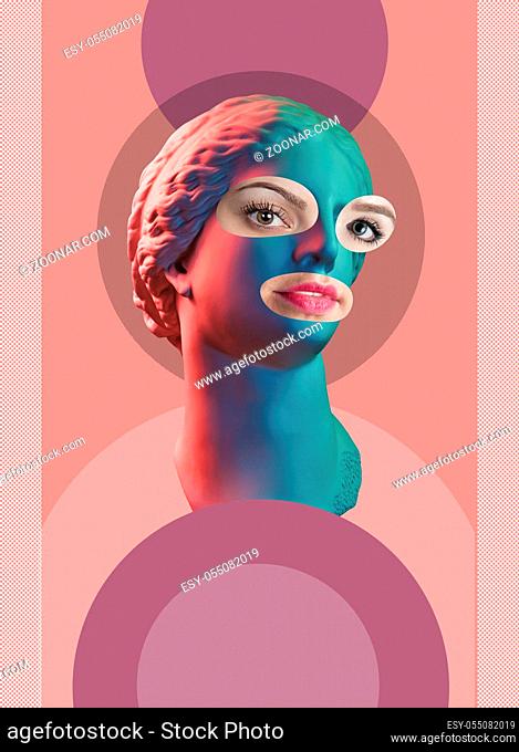 Modern conceptual art colorful poster with ancient statue of Venus de Milo head and details of a living woman's face . Contemporary art collage