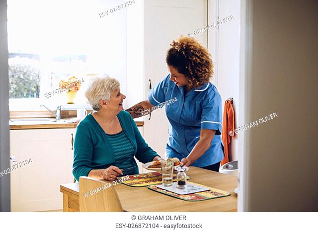 Care worker giving an old lady her dinner in her home