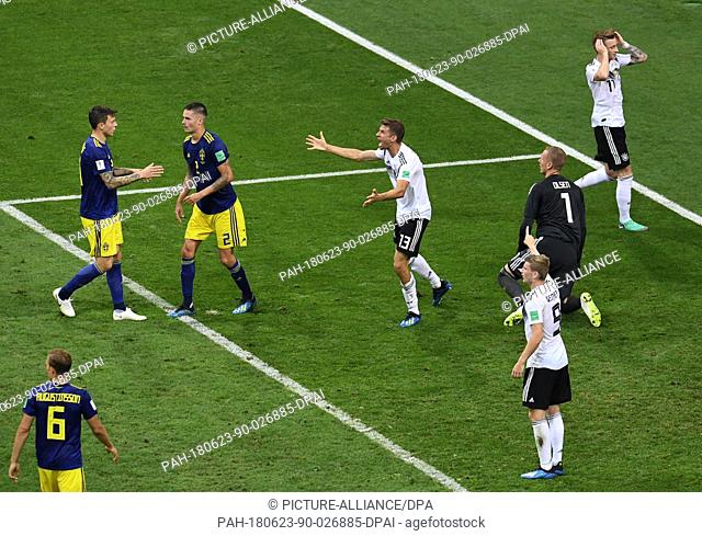23 June 2018, Sochi, Russia - Soccer World Cup, Germany vs Sweden, Group Stage, Group F, 2nd matchday, Sochi Stadium: German player Thomas Mueller reacts