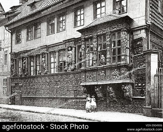 Kaiserhaus. Emperor House, Hildesheim, Lower Saxony. Germany, Europe. Old 19th century engraved illustration, trip to Hildesheim by E del Monte 1888 from Le...