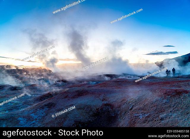 View of the steam at Sol de Manana, a geothermal area in south-western Bolivia