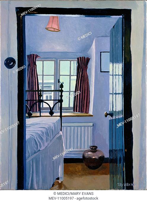 Interior with Bed – view through open door to bedroom, with brass bedstead, red curtains on the window, radiator under window etc