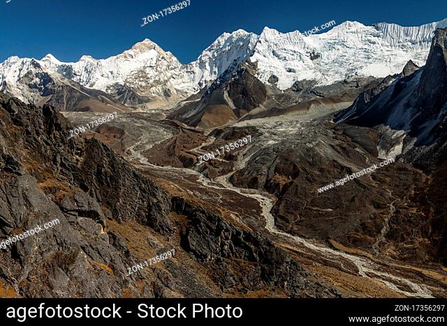 Glacial landscape of the upper Imja Khola Valley seen from the Nangkartshang Peak (5083m) located above Dingboche, near to the Everest Base Camp trekking route