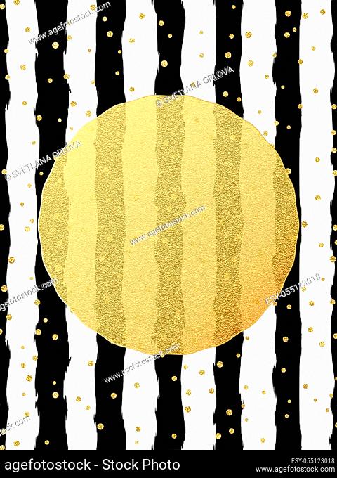 Greeting card template. Gold glitter foil dots confetti on striped white and black background. EPS 10 vector file