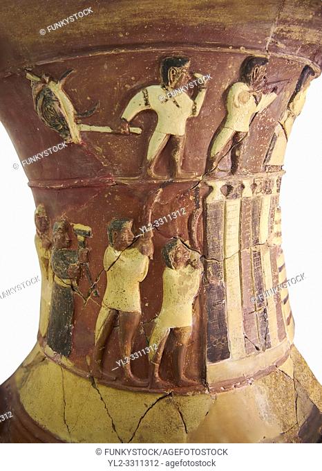 Hüseyindede vases, Old Hittite Polychrome Relief vessel close up depicting top and second friezes showing a procession of musicians and dancers moving towards a...