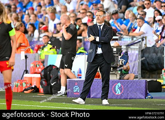 Belgium's head coach Ives Serneels pictured during a game between Belgium's national women's soccer team the Red Flames and Iceland, in Manchester